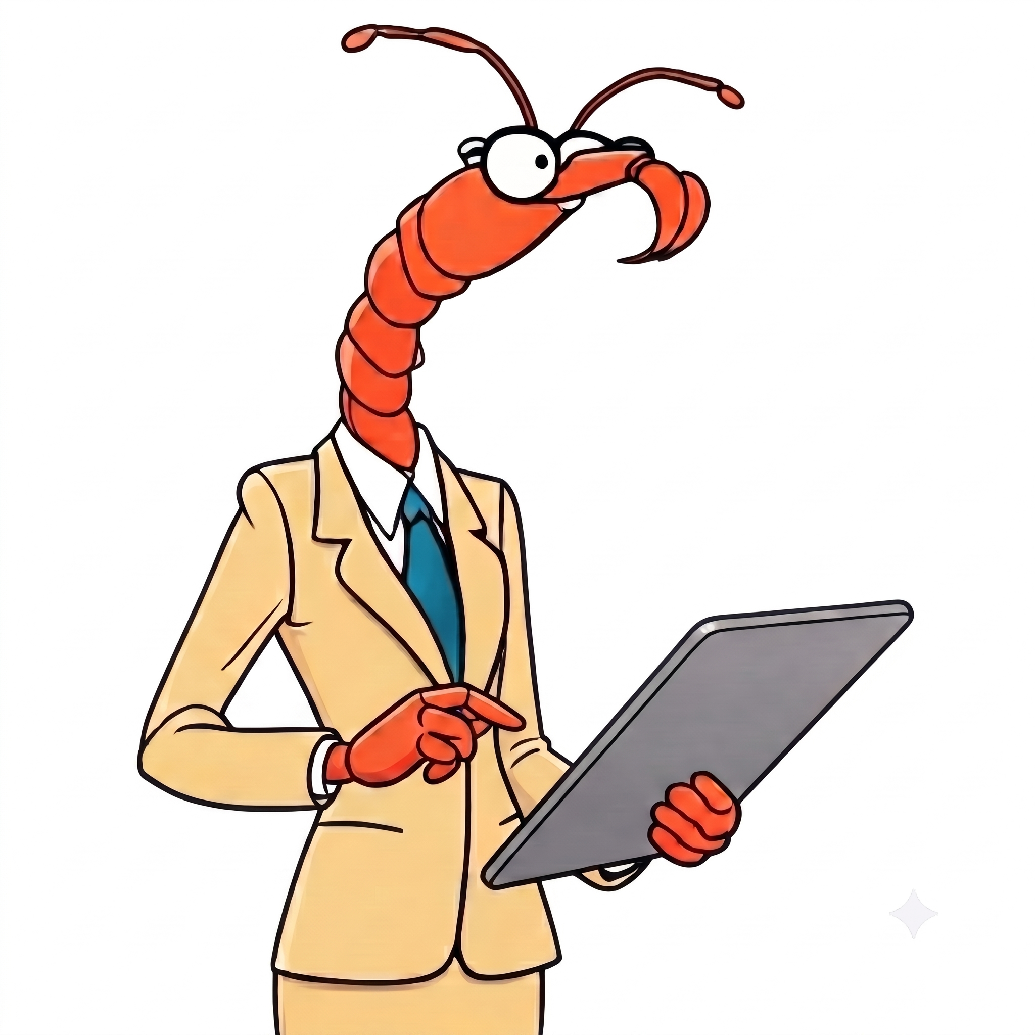 Percy, the Percy Plate mascot, in a suit holding a tablet